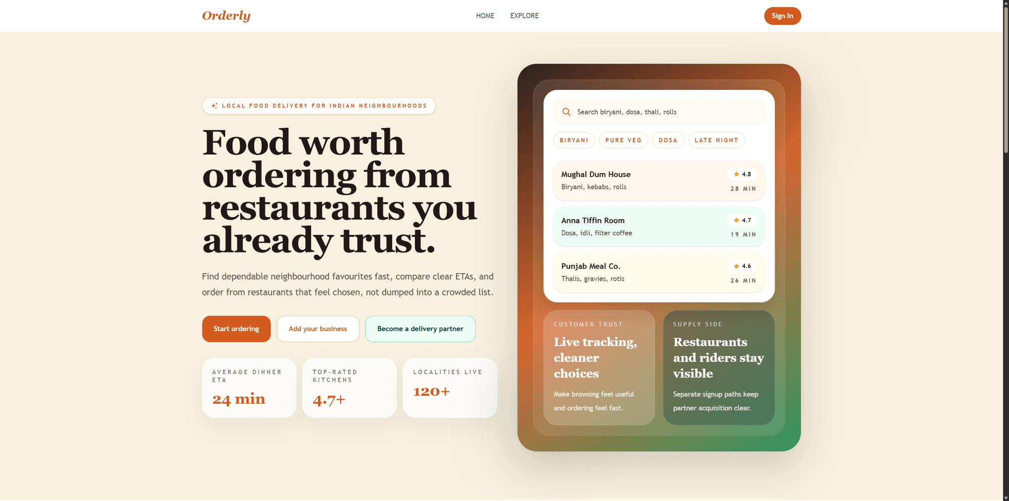 Orderly homepage showing restaurant search and live stats